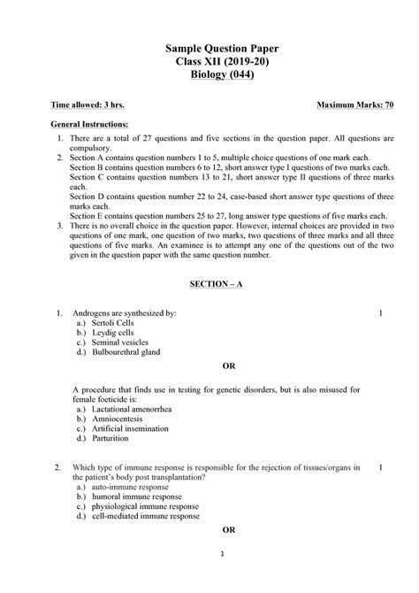 Cbse Sample Papers 2020 For Class 12 Biology Aglasem
