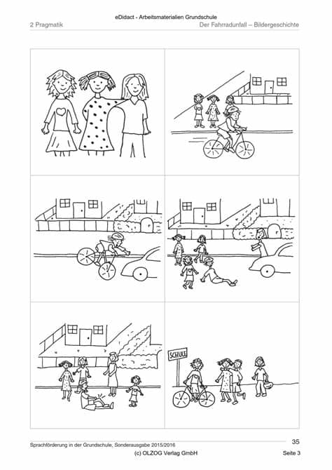 In der klasse 4 der grundschule sollen für die fächer deutsch, mathematik, englisch und sachunterricht folgende lerninhalte vermittelt und gelernt werden. Pragmatik: Der Fahrradunfall - Bildergeschichte