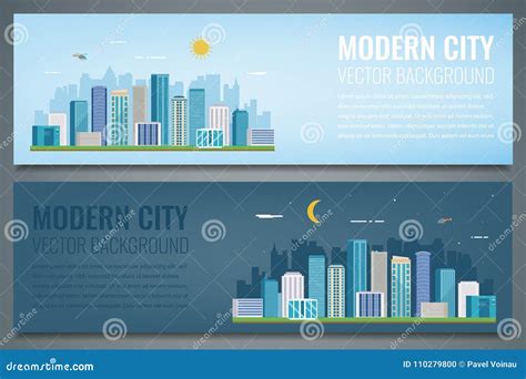 Two City Banners Day And Night Urban Landscape Modern City Stock