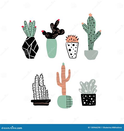 Hand Drawn Cacti Set Cute Cartoon Cactus In Pots Scandinavian Style