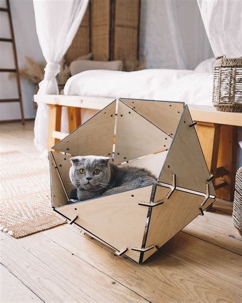 Wooden Cave Cat Bed Modern Cat Furniture Cozy Cat Bed Kitty Etsy