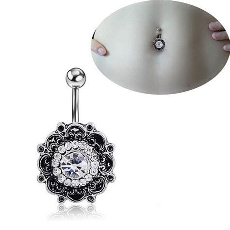 Black Retro Flower Crystal Belly Button Rings Sexy Body Piercing