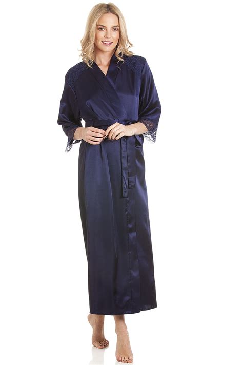 Womens Luxury Satin Long Laced Dressing Gown Robe Various Colours Size