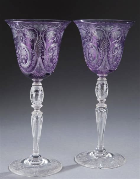 177 Pair Of Steuben Purple Etched Glasses