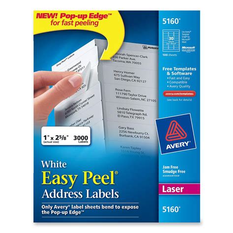 Avery ® address labels with easy peel ® for laser printers, 1 x 2⅝ template 5160, 30 per sheet. Printer