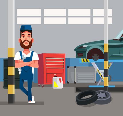 Copyrights and trademarks for the cartoon, and other promotional materials are held by their respective owners and their use is allowed under the fair use. Auto Mechanic Man Worker Holding Wrench Car Automobile ...