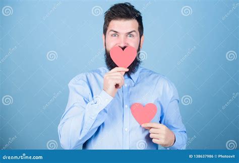 Man Bearded Hipster With Heart Valentine Card Celebrate Love Guy With Beard And Mustache In