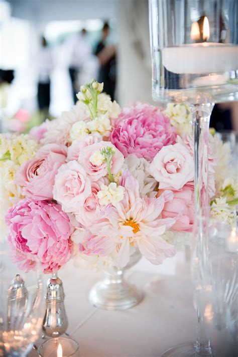Pink Peony Centerpiece With Roses Stock And Dahlias