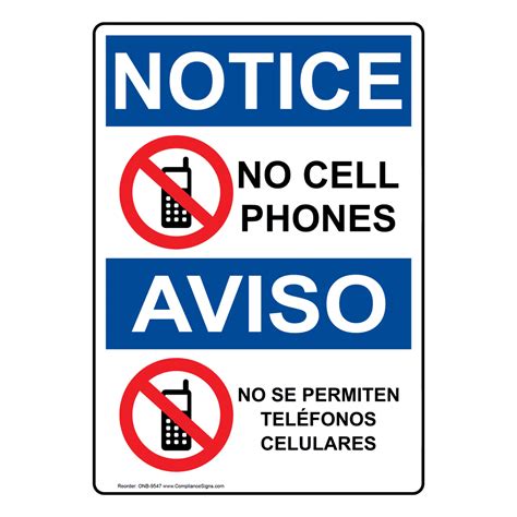 Vertical No Cell Phones Bilingual Sign Osha Notice
