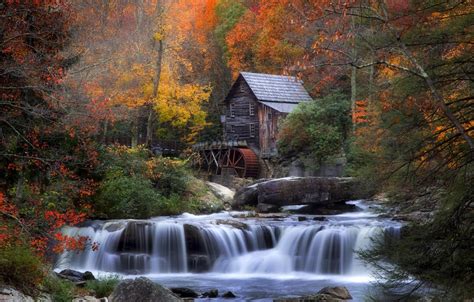 Wallpaper Autumn Forest House River Stones Foliage Waterfall