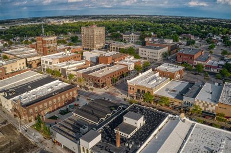 Aerial View Of Downtown Grand Island Nebraska During Summer Stock