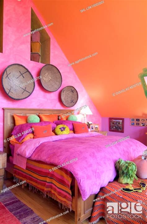 bright pink  orange bedroom stock photo picture  rights managed