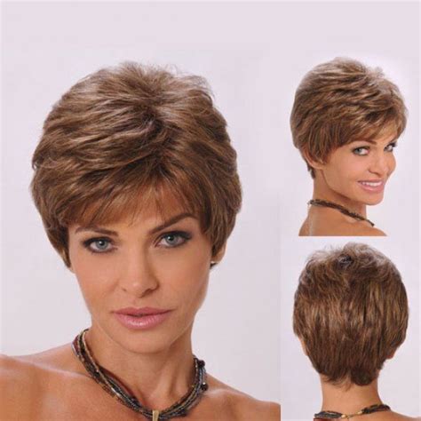 fluffy side bang brown short wavy elegant synthetic stylish capless wig for women short hair