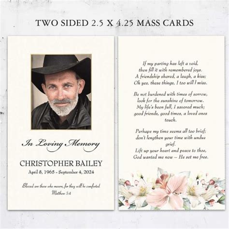 Mass Card Printable Template For Funerals With A Photo And Poem