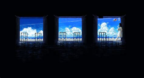 Wallpaper Window Sea Night Anime Girls Reflection Sky Artwork