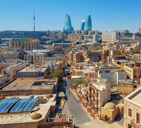 It lies on the western shore of the caspian sea on the southern side of the abseron peninsula, around the wide curving sweep learn more about baku, including its history. Baku city, the Old town and modern skyline, Azerbaijan ...