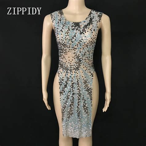 Grey Rhinestones See Through Dance Dress Female Stage Costume Performance Party Celebrate Outfit