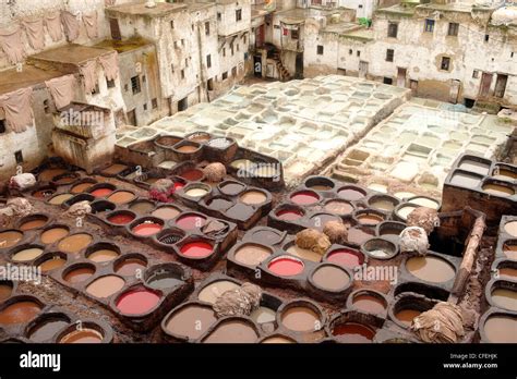 Traditional Leather Dyeing And Tannery Pits Fez Morocco N Africa