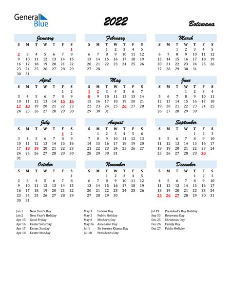 2022 Botswana Calendar With Holidays