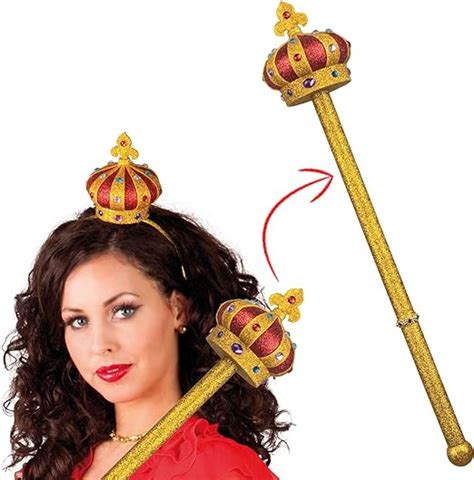 Queens Crown With Royal Sceptre Staff 53cm Long Stick Royal Gold