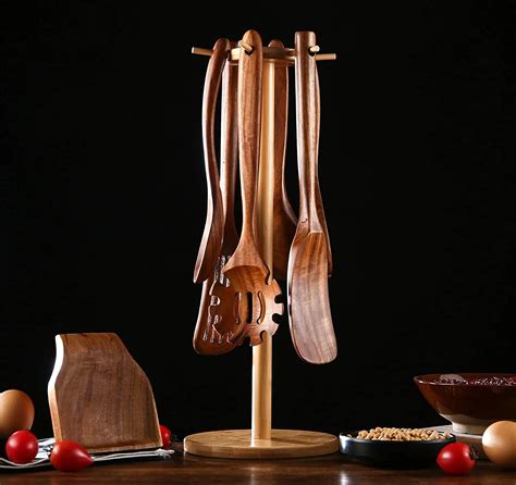 Combohome Wooden Kitchen Utensil Set Bamboo Utensil Holder With 6 Hooks