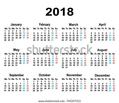 Calendar 2018 Year Simple Style 12 Stock Vector Royalty Free