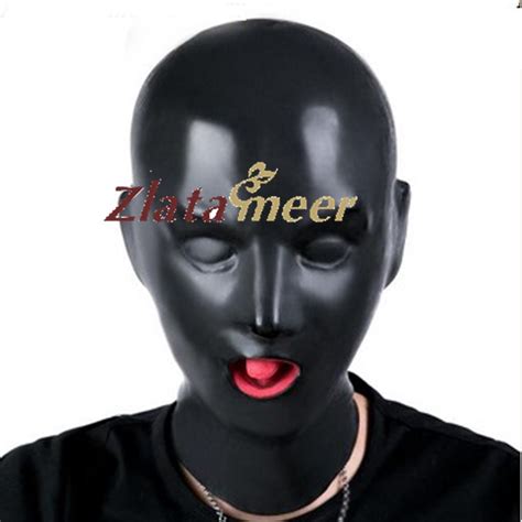 3d Latex Human Mask Fetish Black Rubber Hood Closed Eyes With Red Mouth