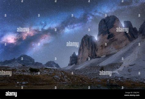 Milky Way Over Mountains At Night In Summer Tre Cime Stock Photo Alamy