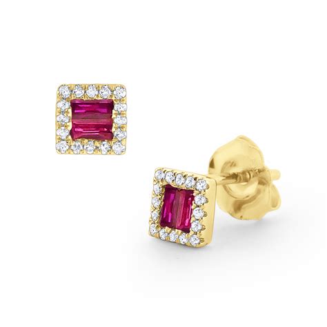 Ruby And Diamond Stud Earrings Set In 14 Kt Gold