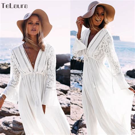 2019 Sexy Beach Cover Up Swimsuit White V Neck Hollow Out Beach Long
