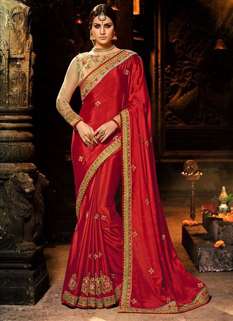Red Zari Work Silk Party Wear Saree Pakaian Pesta Sari Chiffon Saree