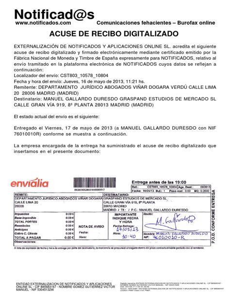 Ejemplo Acuse De Recibo De Burofax Postal Creado En Notificads Business