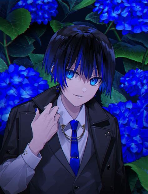 Wallpaper Anime Boy Blue Hair Suit Earring Smiling Shoujo
