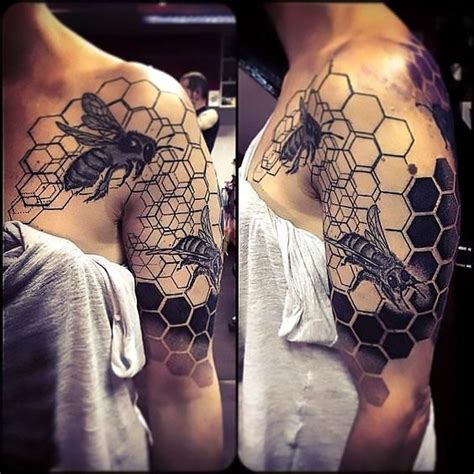 Black Honeycomb And Bees On The Shoulder And Chest Style Dotwork