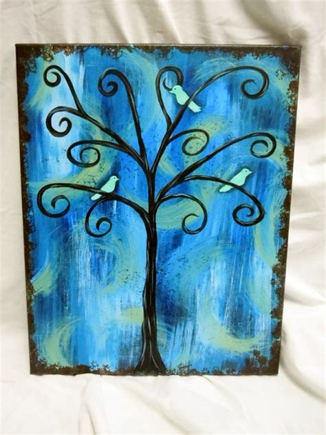 Whimsical Birds In A Tree Wall Art Blue Teal Brown 16 X 20 Etsy