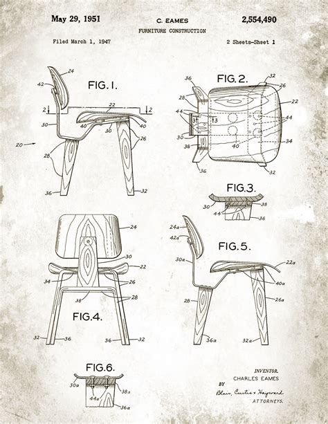 Patent Drawings 1947 Eames Molded Plywood Lounge Chair Lcw 1957
