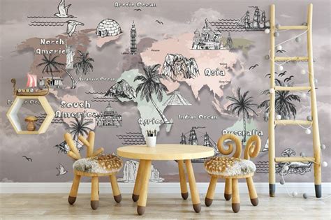 Kids World Map With Charcoal Famous Landmarks Wallpaper