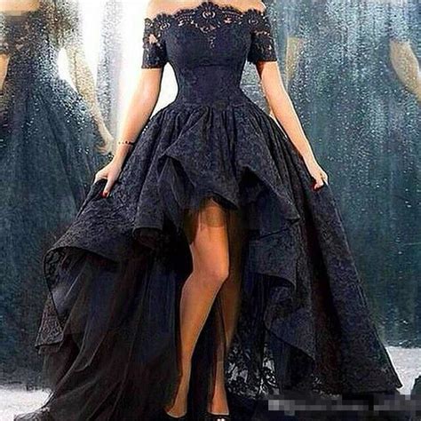 Black Lace Gothic Prom Dresses Sheer Off Shoulder Short Sleeves 2017