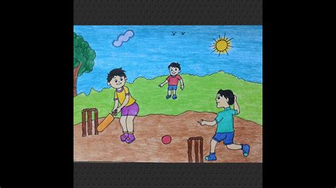How To Draw Kids Playing Cricket Cricket Scenery Drawing Sport