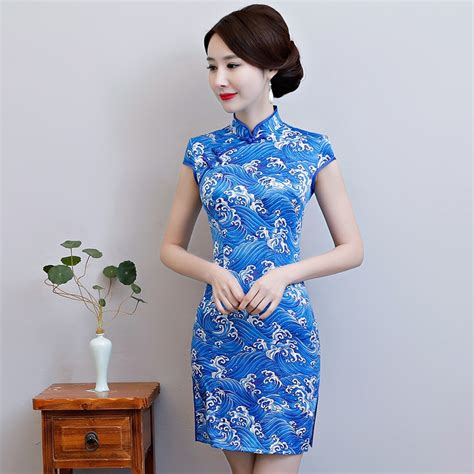 High Quality Traditional Chinese Style Women Satin Mini Cheongsam Qipao Summer Slim Party Dress