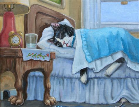 Cat Kitten Bed Sleep Mouse Aceo Print From Original Oil By Joy Campbell