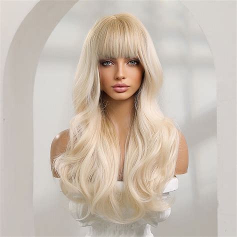 Element Platinum Blonde Hair Wigs With Bangs Womens Long Wavy Full Hair Wigs Ebay