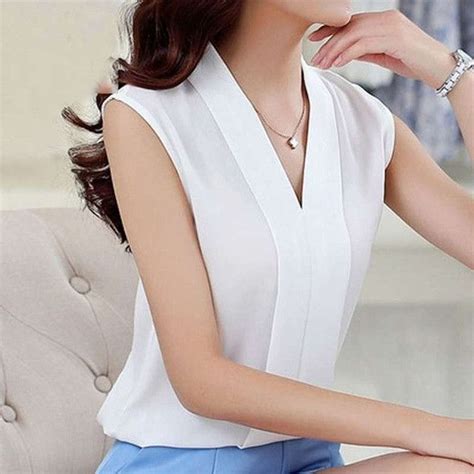 Spring Summer Women Chiffon Blouses Sexy Sleeveless V Neck Woman Casual Loose Office White