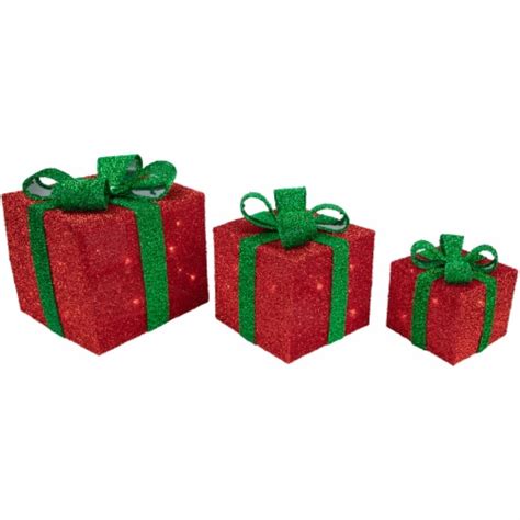 Northlight Set Of 3 Lighted Red And Green Tinsel T Boxes With Bows