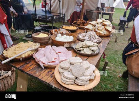 Table With A Selection Of Typical Medieval Food Including Boiled Ham