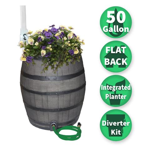 Rescue 50 Gal Gray Flat Back Whiskey Rain Barrel With Integrated