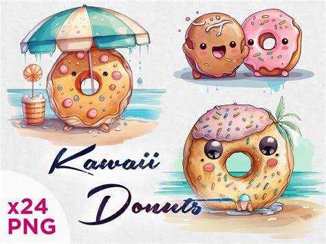Watercolor Kawaii Donuts Clipart Food Fantasy Png Digital Etsy