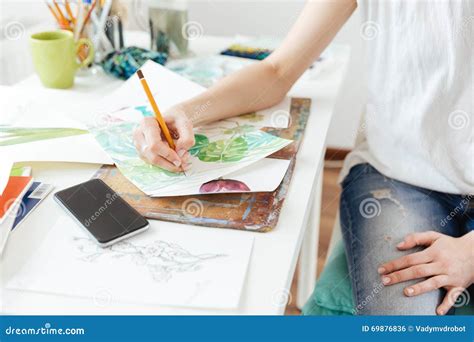 Woman Painter Drawing In Art Studio Stock Photo Image Of Female