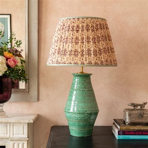 Cream And Plum Patterned Pleated Silk Lampshade With Mint Trim Penny