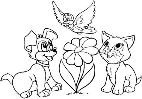 Cat and dog coloring pages for kids. dog and cat playing together cartoon coloring page flower ...